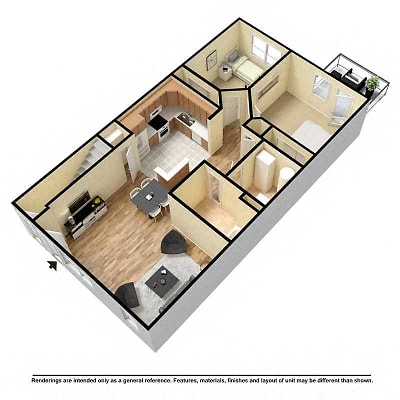 Floor plan for 2 beds, 1.5 baths, 1008 sqft